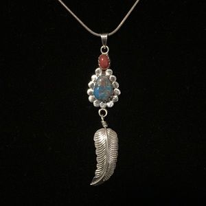 Sterling Navajo turquoise Pendant feather